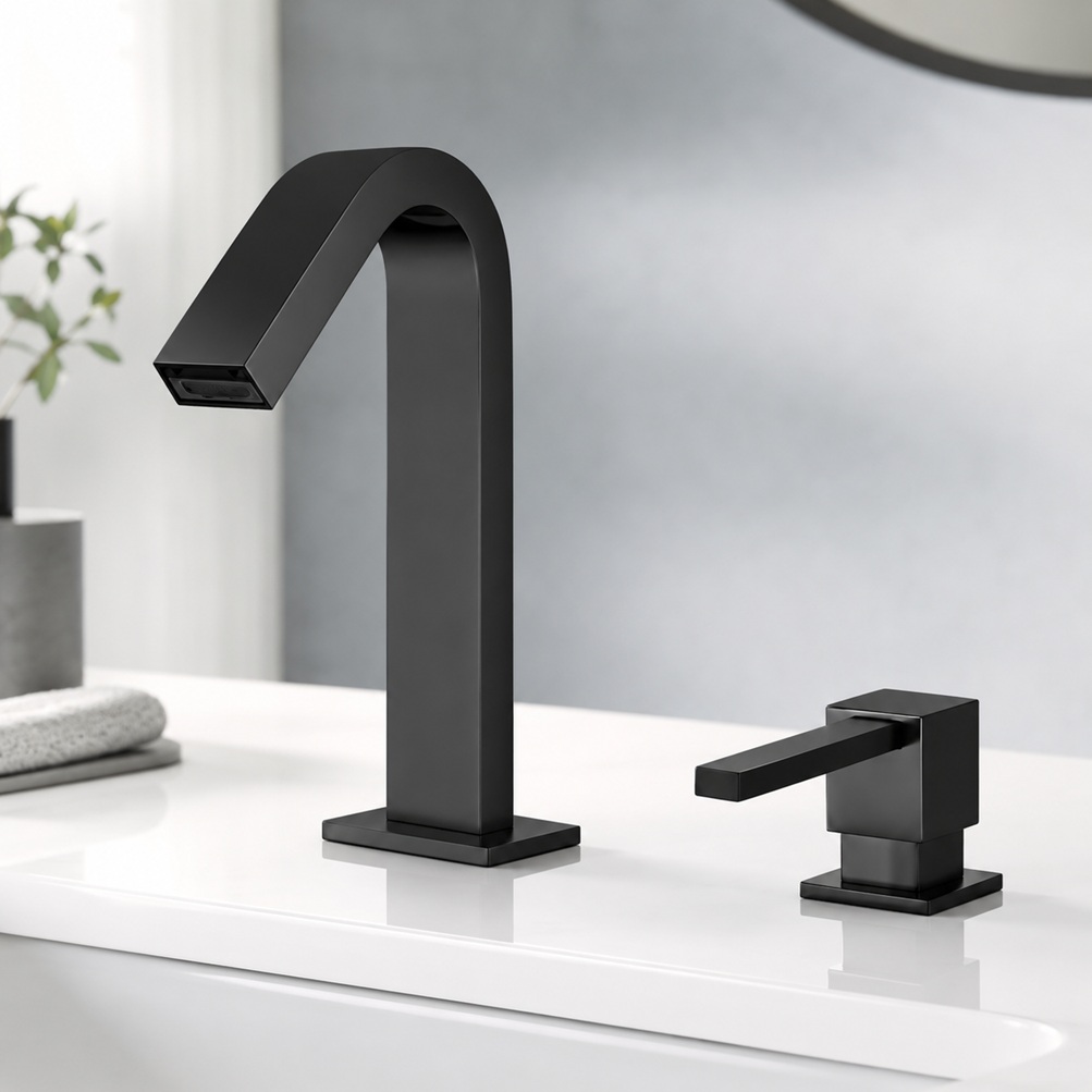 Matte black modern bathroom faucet with square handle on a clean white countertop and soft blurred background